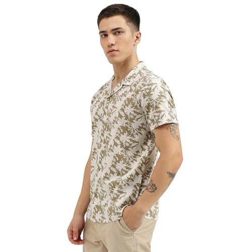 UNITED COLORS OF BENETTON Regular Fit Spread Collar Botanical Print Shirts (Size: 2XL)-24P5BS71U008I902 Light Green