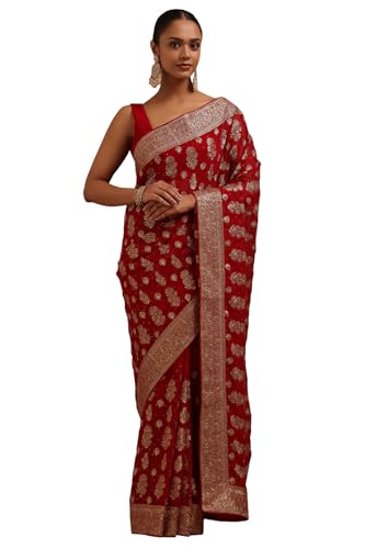Soch Womens Red Georgette Embroidered Saree With Stone Work