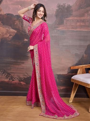 Panzora Women's Georgette Bandhani Printed Pink Saree With Embroidery Unstitched Blouse Piece