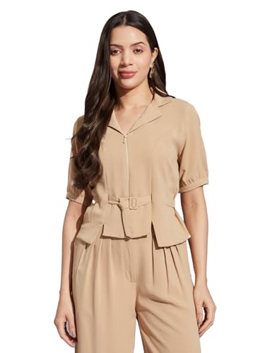 Latin Quarters Women Beige Collared Half Sleeves Solid Top Blouse for Casual Wear_XXL