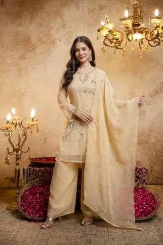 Women's Embroidered Silk Blend Kurta Set With Dupatta And Palazzo