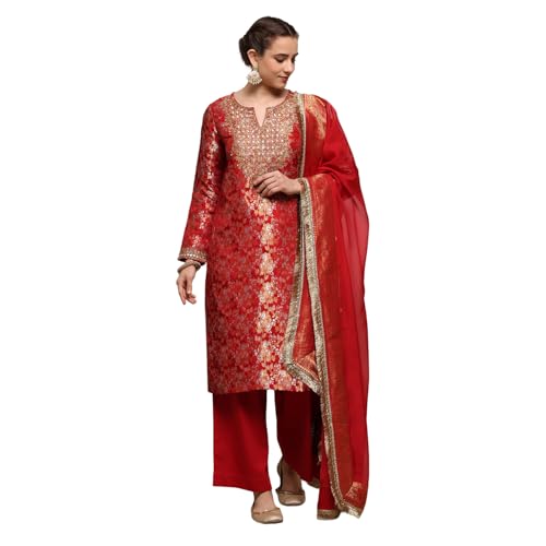 Biba Women Red Viscose Rayon Straight Yarndyed Suit Set_38