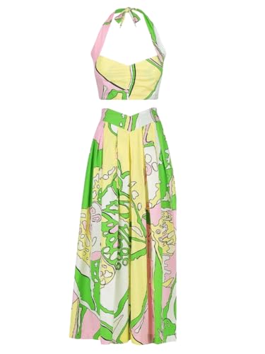Women Western Two Piece Top and Long Skirt Abstract Print Maxi Co ord Dress Relaxed Vacation Outfit Travel and Beach Wear Stylish Latest Dress (in, Alpha, M, Regular, Multicolor)