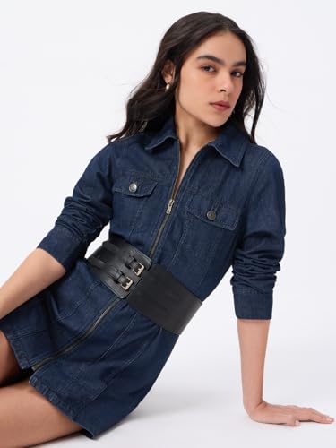 The Souled Store Denim Line: Galactic Women and Girls Long Sleeves Spread Collar Indigo Blue Solid Cotton Regular Fit Detachable Belt Full Zip Shirt Dress