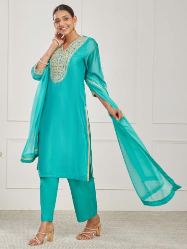 BIBA Dyed Cotton Silk Straight Festive Kurta With Palazzo And Dupatta