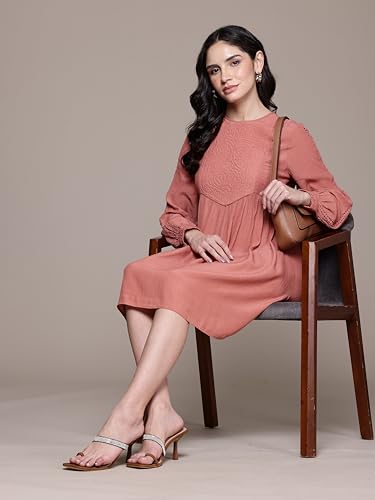 Label RITU KUMAR Round Neck Full Sleeves Solid Short Dress Rust