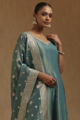 Soch Womens Teal Shimmer Zari Woven Suit Set With Stone Work