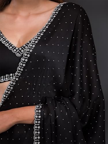 TRENDMALLS Women's Satin Georgette Siroski work Saree with Unstitched Blouse Piece (K1086-Black)