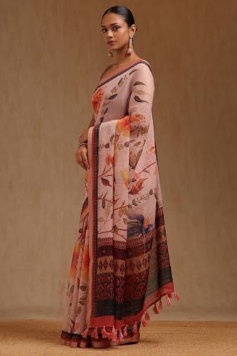 Soch Womens Peach Linen Blend Floral Print Saree With Zari Woven