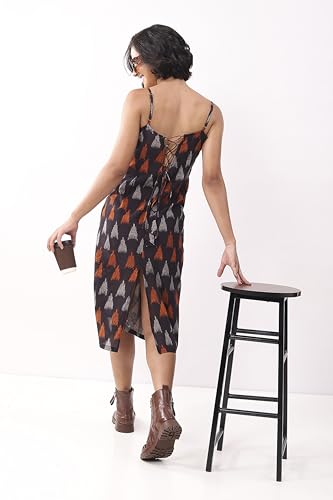 Biba Nxt Women Black Cotton Abstract Printed Strappy Midi Dress_38