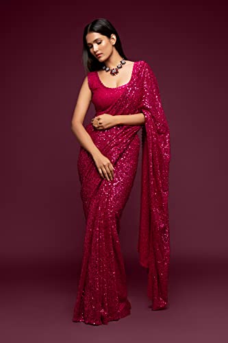 Zeel Clothing Women's Pink Sequins Work Heavy Georgette Saree with Blouse (1003-Hot-Pink-Sequins-Party-Saree, Hot Pink)