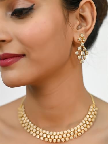 Ratnavali Jewels American Diamond White Necklace Pendant Set with Earrings for Women