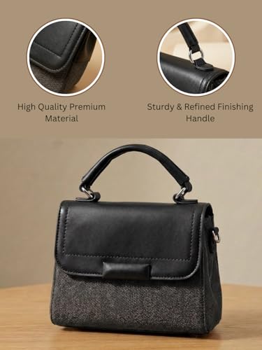 ZEFIYO Mini Top Handle Satchel Bag for Women, Handbag, Textured with Bow Scarf Accent, Floral Charm Crossbody Strap, Gift for Women (Black)
