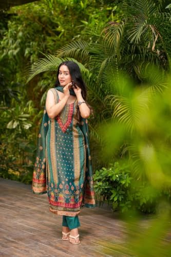 Women's Teal Green Printed Silk Blend Kurta Set With Dupatta And Pant