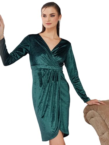 Miss Chase Women's Wrap Knee-Length Dress with Draped Silhouette and Full Sleeves (MCAW25D21-01-83-05, Teal, L)