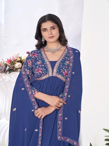VARNI FABRICS Anarkali Kurta Sets for Woman Floral Print Georgette Kurta Set with Dupatta Salwar Suit for Woman Party Festive Set for Women Prefect for Wedding Ethnic Wear Rakhi Diwali | Blue| M