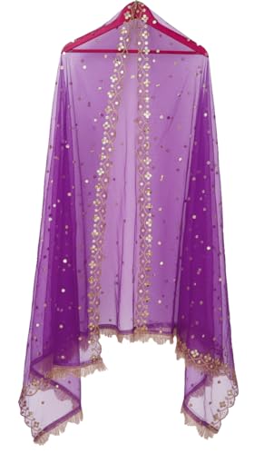 YOUTHQUAKE Plastic Mirror Emboridered Net Dupatta for Womens & Girls With Fancy Cut Design with Lace (Purple)