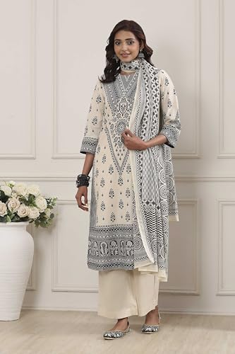Biba Women White Cotton Straight Suit Set_38