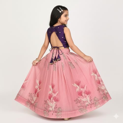 Tejam Girl's Latest Sleeveless Crop Top With Pink Lehenga Set - Traditional Dress - Floral Printed Lehenga Choli For Kids 2 To 8 Years (Pink, 4-5 Y)