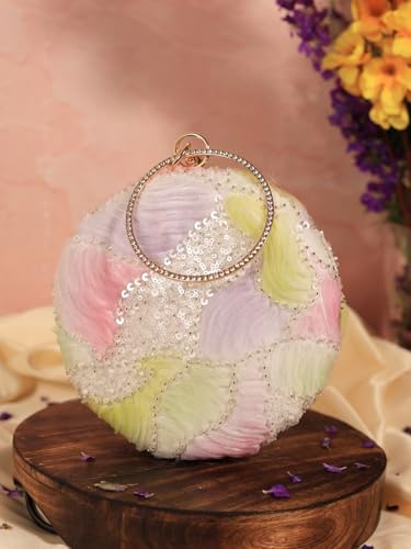 THE TAN CLAN Tide Pink floral embroidered clutch purse women stylish for bridal handbag round designer clutch bag for women wedding party ethnic fancy with metal handle ladies purse