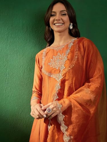 TRENDMALLS Women's Silk Embroidery A line Kurta Pant Set with Dupatta (G263-Orange-M-)