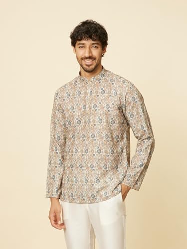Manyavar Mens Beige Blended Cotton Printed Short Kurtas