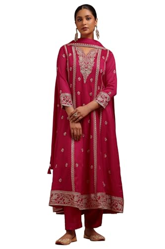 Soch Womens Fuchsia Vichitra Embroidered Suit Set With Zari