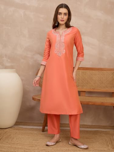 Rangavali Coral Peach Cotton Silk Embroidered Festive Suit Set With Bararasi Zari Woven Dupatta | Family Function, Office Festive & Wedding Ethnic Wear Suit Set | XL, 38