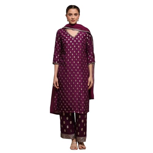 Biba Women Purple Viscose Gathered Yarndyed Suit Set_42