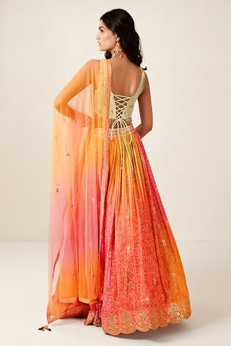 AG Clothing Women's Organza Semi Stitched Lehenga Choli With Dupatta | BAndhani Digital Print With Sequin Embroidery Pattern | Traditional, Wedding, Ethnic Wear Lehenga (AD-SV2o-Orange)