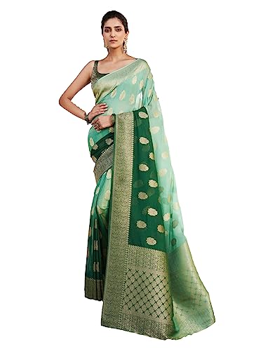 Vardha Women's Banarasi Georgette Saree with Unstitched Blouse Piece - Gold Zari Woven Work Sarees for Wedding (Mahika_679)