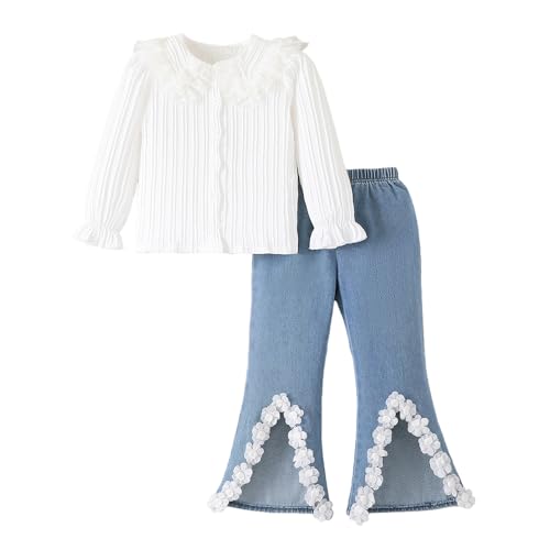 Hopscotch Girls White Full Sleeves 2-Pc Floral Applique Jeans Set For Age (5-6 Years)