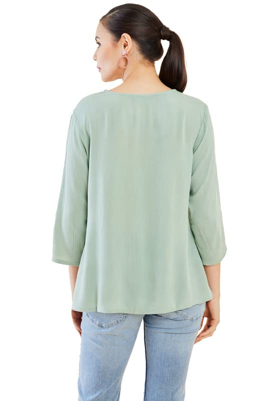 Soch Womens Sap Green Crepe Tunic with Geometric Embroidery