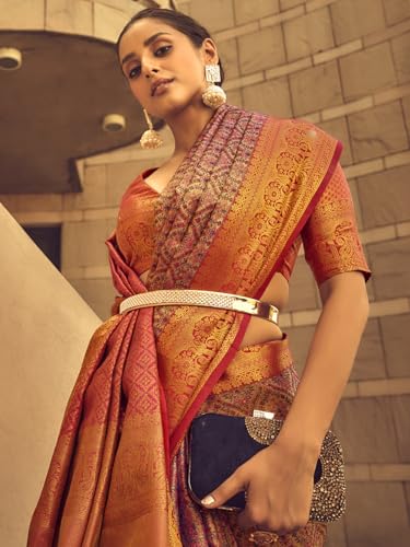 AKHILAM Women's Banarasi silk Ethnic Motif Printed Saree With Unstitched Blouse Piece(Mauve_KINKHAB1204_RJ)