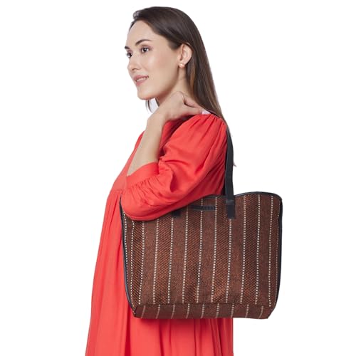 Caprese Evana Tote Medium Rust Poly Canvas Striped