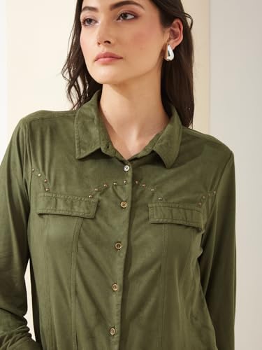 Latin Quarters Women Green Collared Full Sleeves Solid Casual Shirt_S
