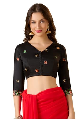SALWAR STUDIO Black Chinon Silk V Neck Phulkari Readymade Blouse