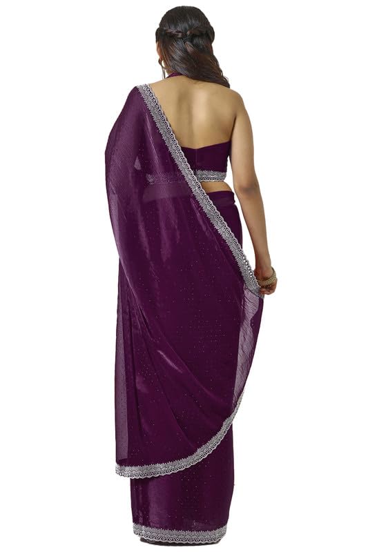 Soch Womens Wine Tissue Saree With Stone Work