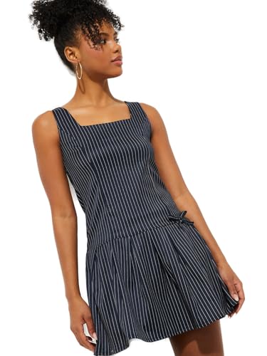 Max URB_N Women Striped Pleated Mini Dress (Blue_XXL)