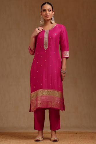 Soch Womens Pink Organza Zari Woven Suit Set With Zardosi