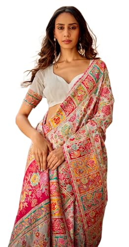 MADHUHANSH Womens Kasamiri Cotton Patola Letest Designer Saree with Unstitched Blouse With Boluse Piece (WHITE)