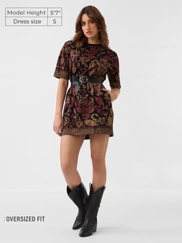 The Souled Store Nomad: Grace Women and Girls Short Sleeves Round Neck Black Abstract Printed Cotton Casual Everyday Mini Oversized T-Shirt Dress