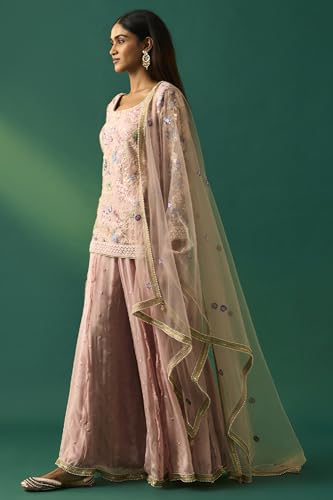Wishful Women's Pink Floral Embroidered Straight Kurta with Sharara and Dupatta Set - (SP11501-401092-M)