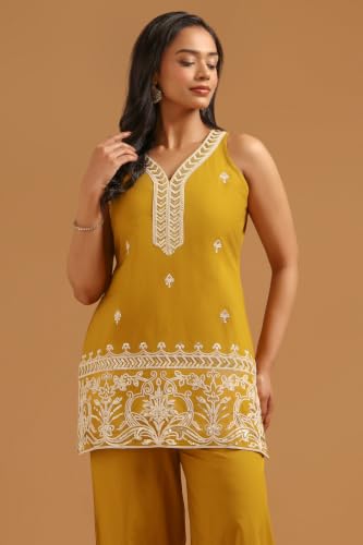 Soch Womens Mustard Cotton Embroidered Botanical Sequence Work Kurta Set