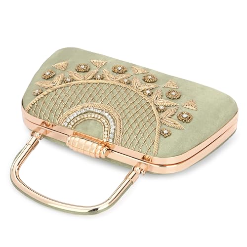 For The Beautiful You Embroidered Women's handle Clutch (Green)