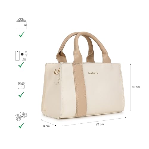 Fastrack Chic Beige Satchel Bag | Faux Leather Structured Handbag with Zip Closure | Roomy Compartment with Organizer Pockets | Dual Carry Satchel with Top Handles & Detachable Strap