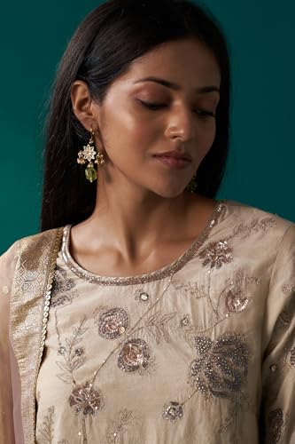 Wishful Women's Light Gold Heavy Embroidered Straight Tissue Chanderi Kurta with Culottes and Dupatta Set (SP12467-400321-L)
