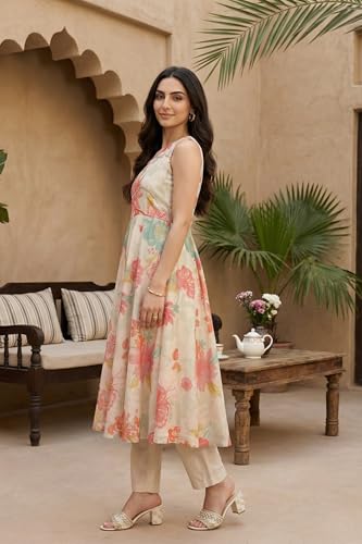 W for Woman Cream Floral Printed Tissue Crepe Sleeveless Anarkali Kurta with Straight Pants and Dupatta Set - (WS13666-126971-M)