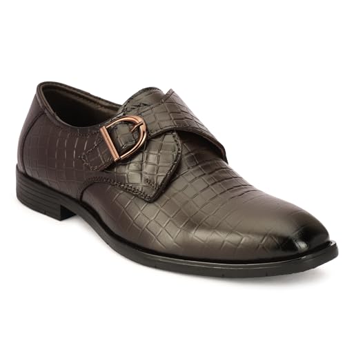 Leatherful Single Monk Strap Shoe, Genuine Leather, Black, TPR Sole, Nappa Leather Lining, (Croco Brown, UK Footwear Size System, Adult, Men, Numeric, Medium, 9)