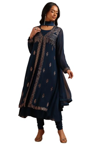 Soch Womens Teal Georgette Solid Salwar Suit With Stone Embellished Jacket